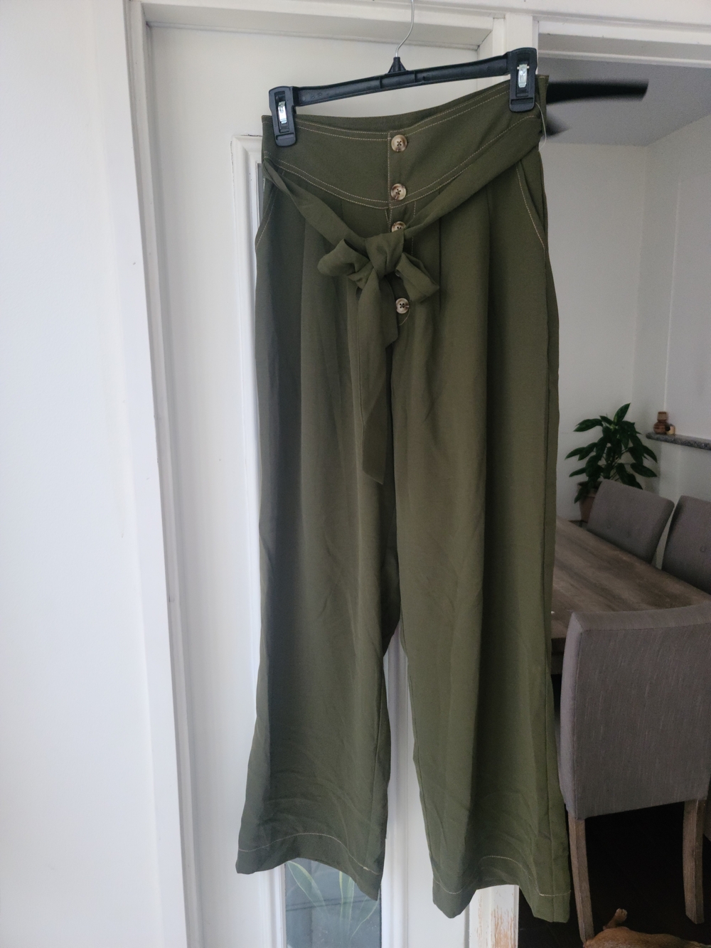 Papaya Olive Green High-Waist Tie Front Wide-Leg Pants